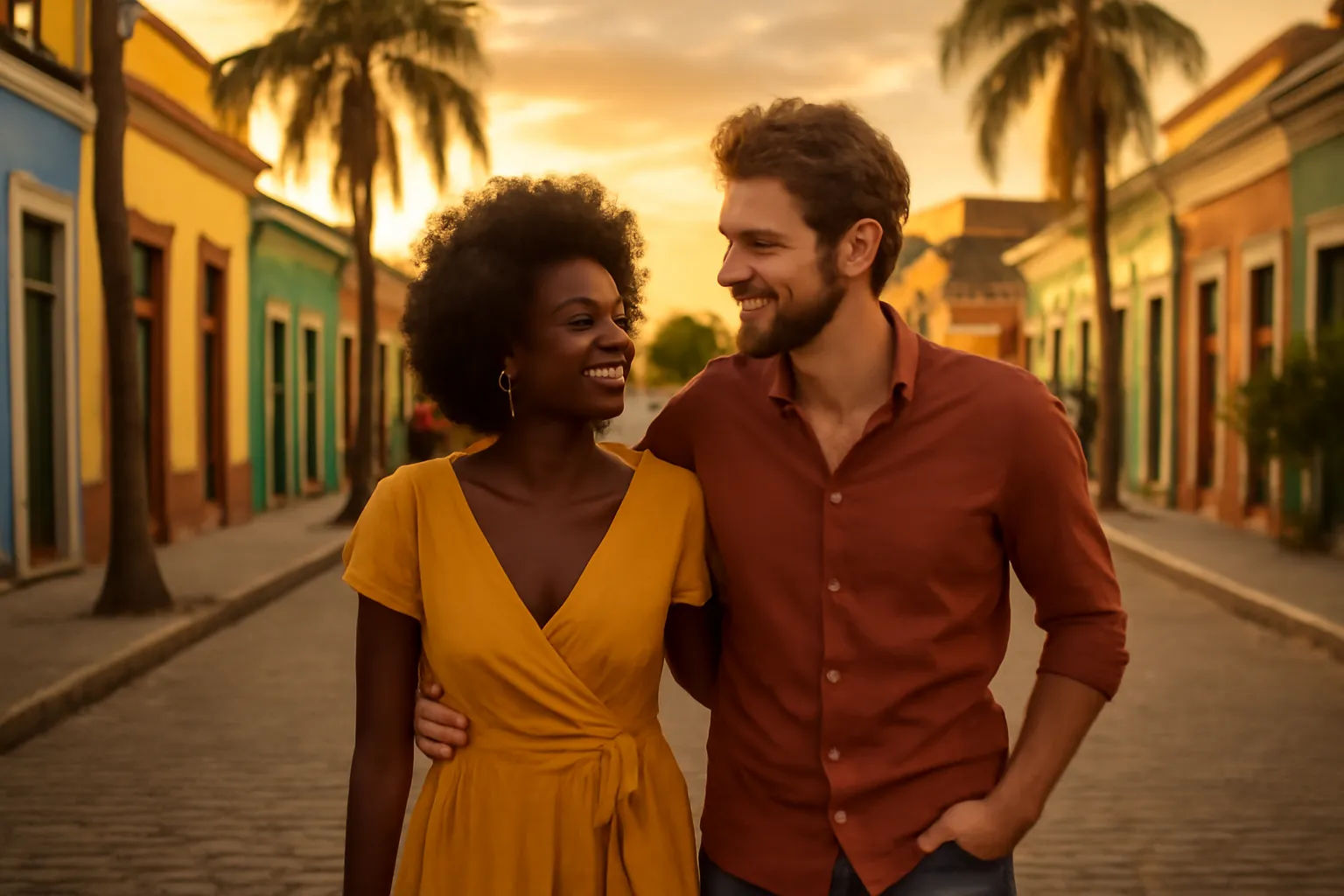 Couple mixte franco-africain heureux se promenant ensemble