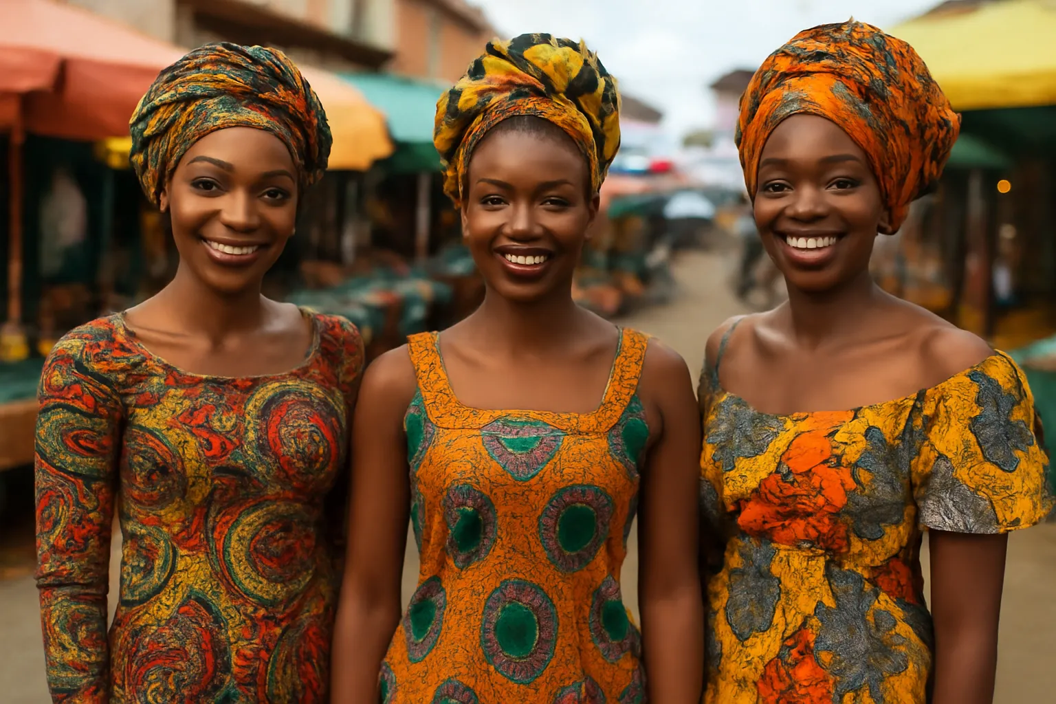 Trois femmes africaines souriantes en tenues traditionnelles colorees