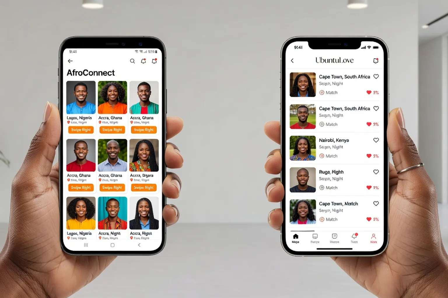 Deux mains tenant des smartphones avec applications de rencontre africaine ouvertes, comparaison Android vs iPhone