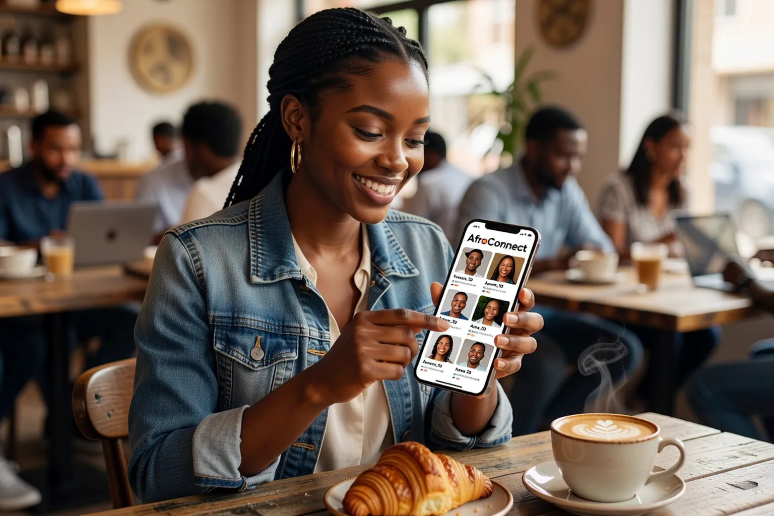 Personne utilisant une application de rencontre africaine sur son téléphone dans un café