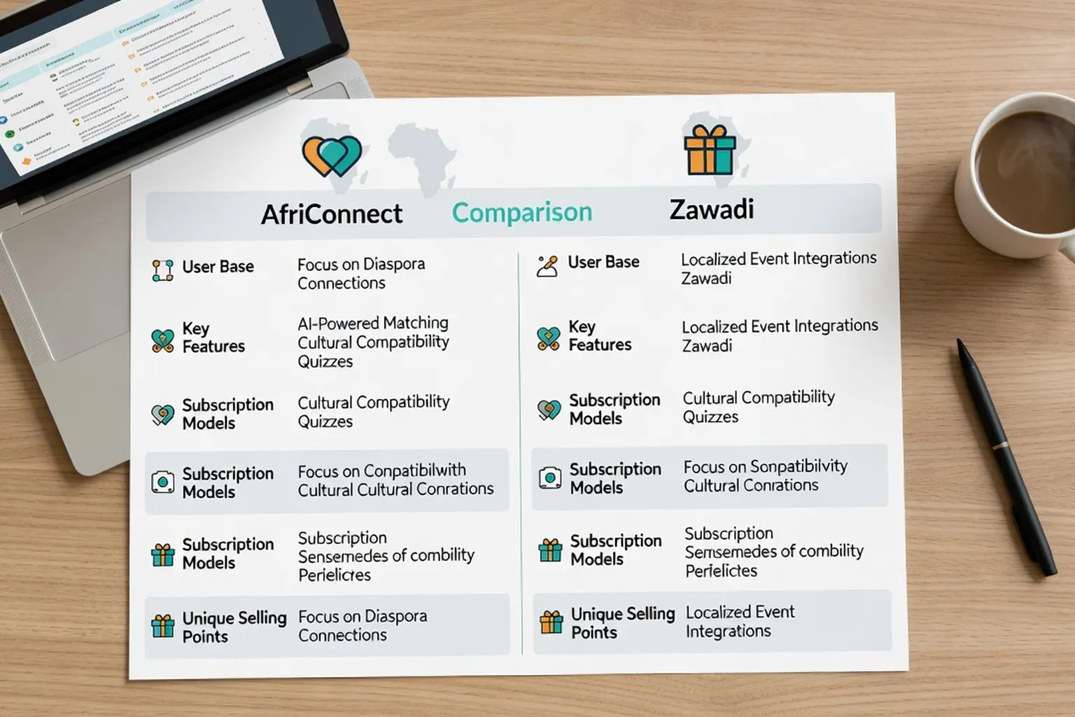 Tableau comparatif de deux applications de rencontre africaine sur un bureau