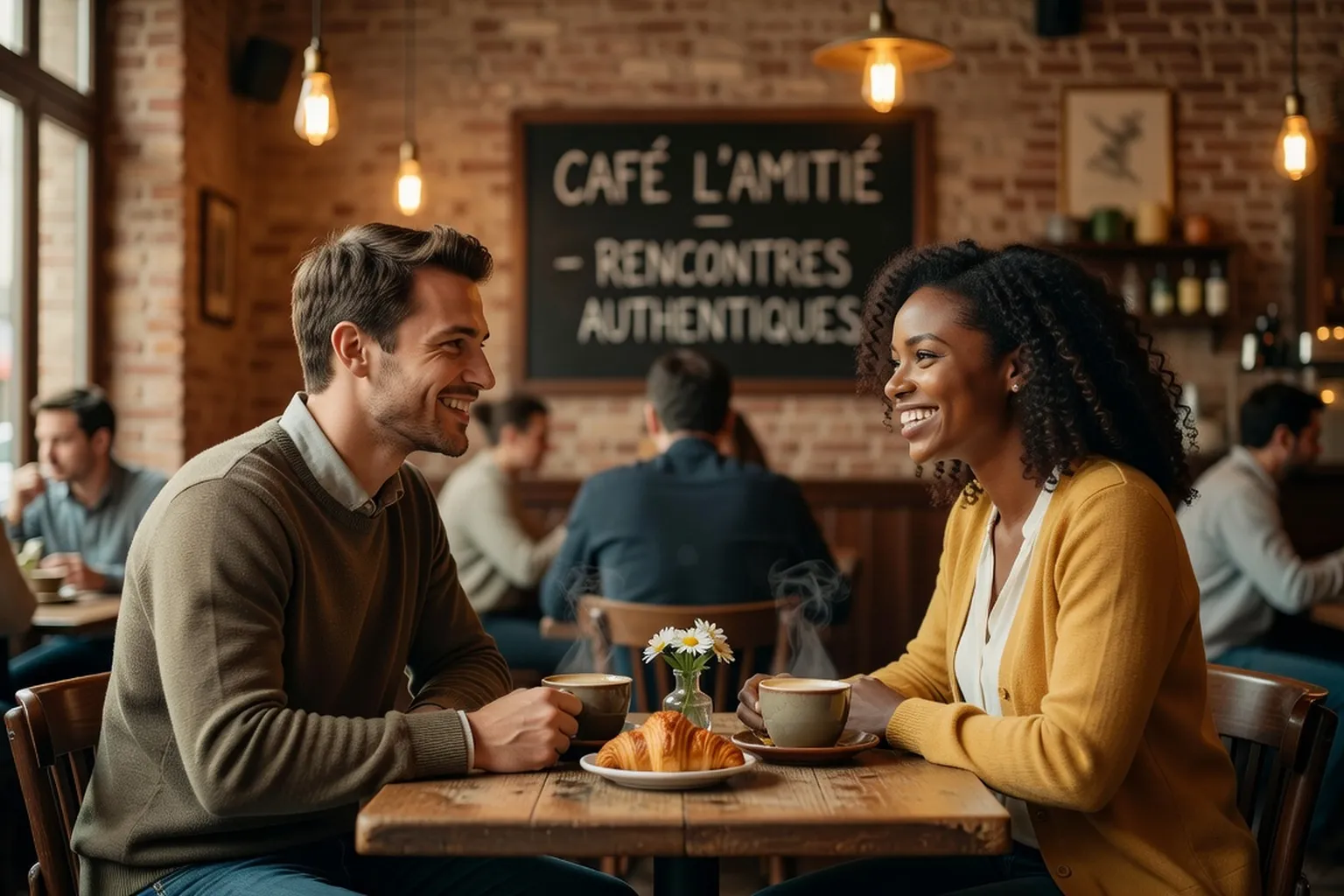 Homme européen et femme africaine se souriant lors d'un premier rendez-vous