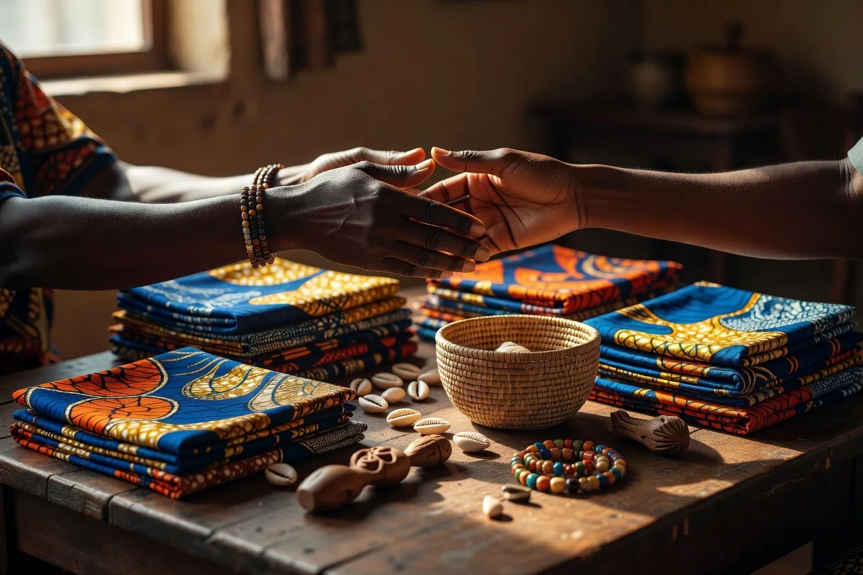 Préparatifs de mariage franco-africain avec tissus traditionnels et documents de budget