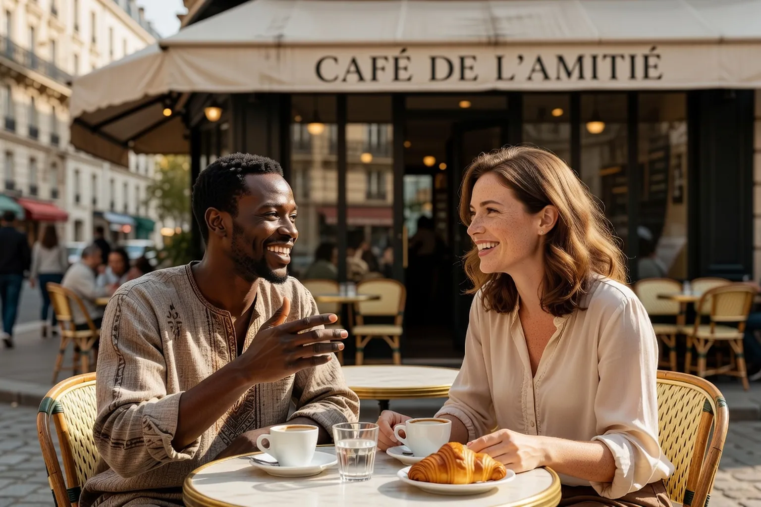 Couple franco-africain heureux en discussion à une table de café parisien