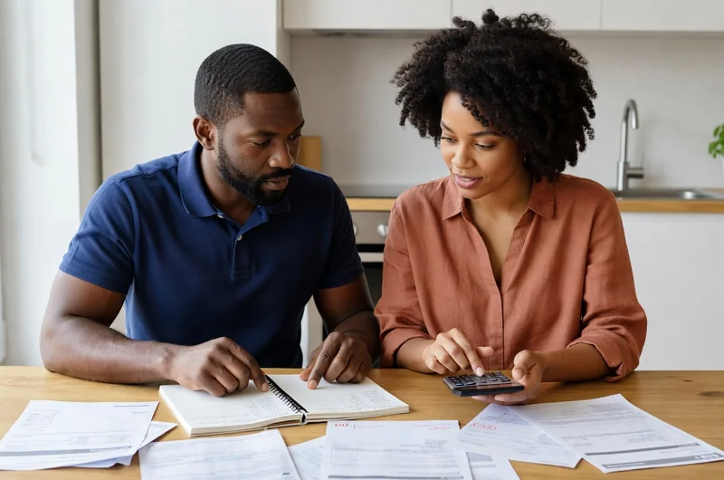 Couple franco-africain discutant de son budget familial à la table de la cuisine, factures et cahier posés devant eux