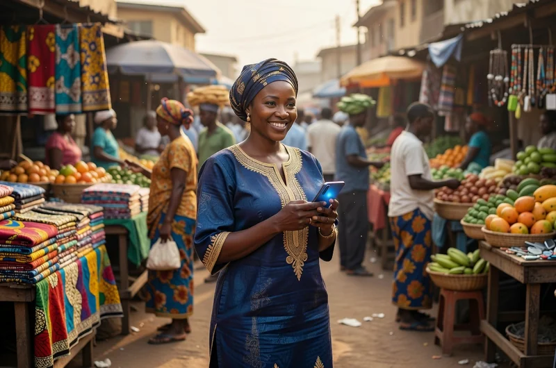 Femme adulte souriante utilisant le mobile money sur son téléphone dans une rue commerçante d'Afrique de l'Ouest