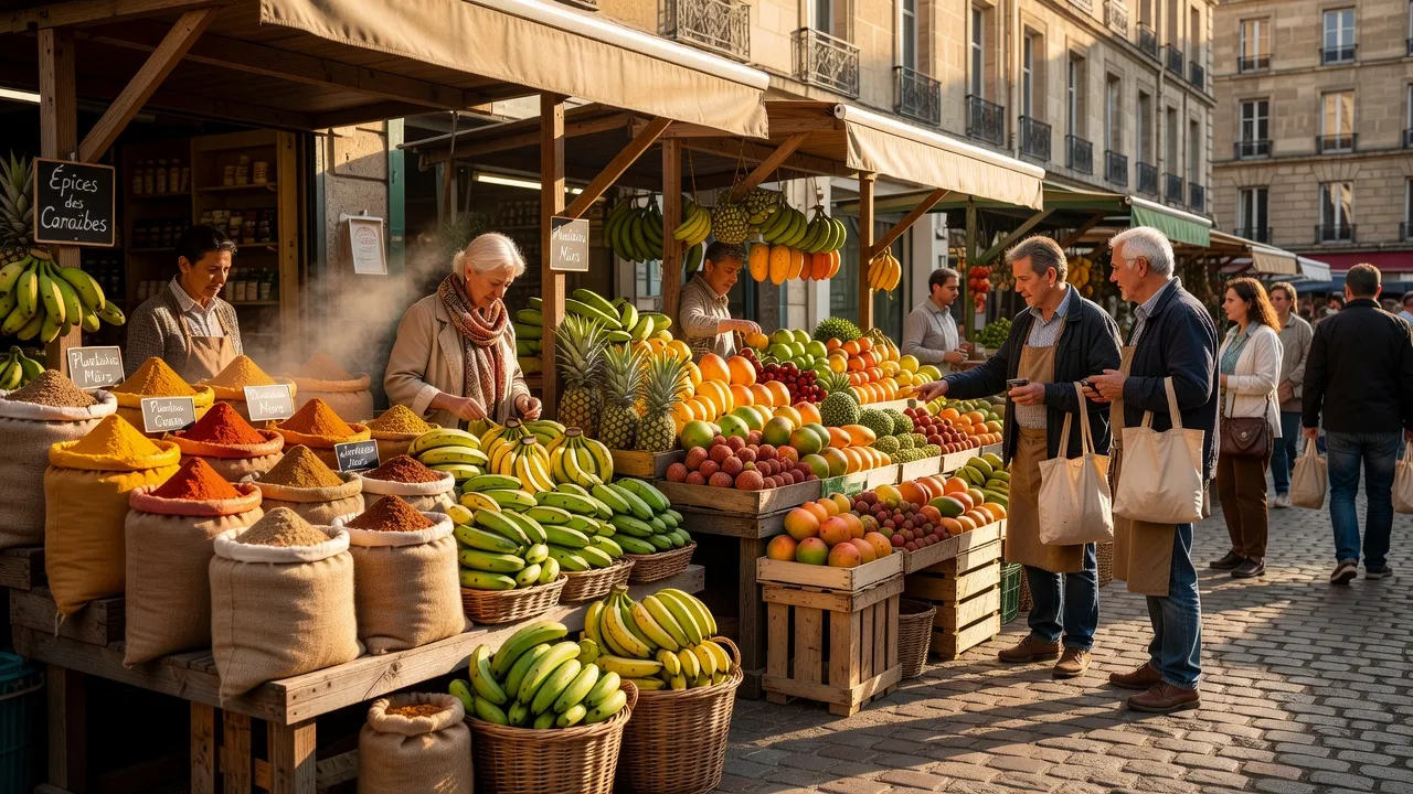 Marché aux épices et produits antillais dans une ville française
