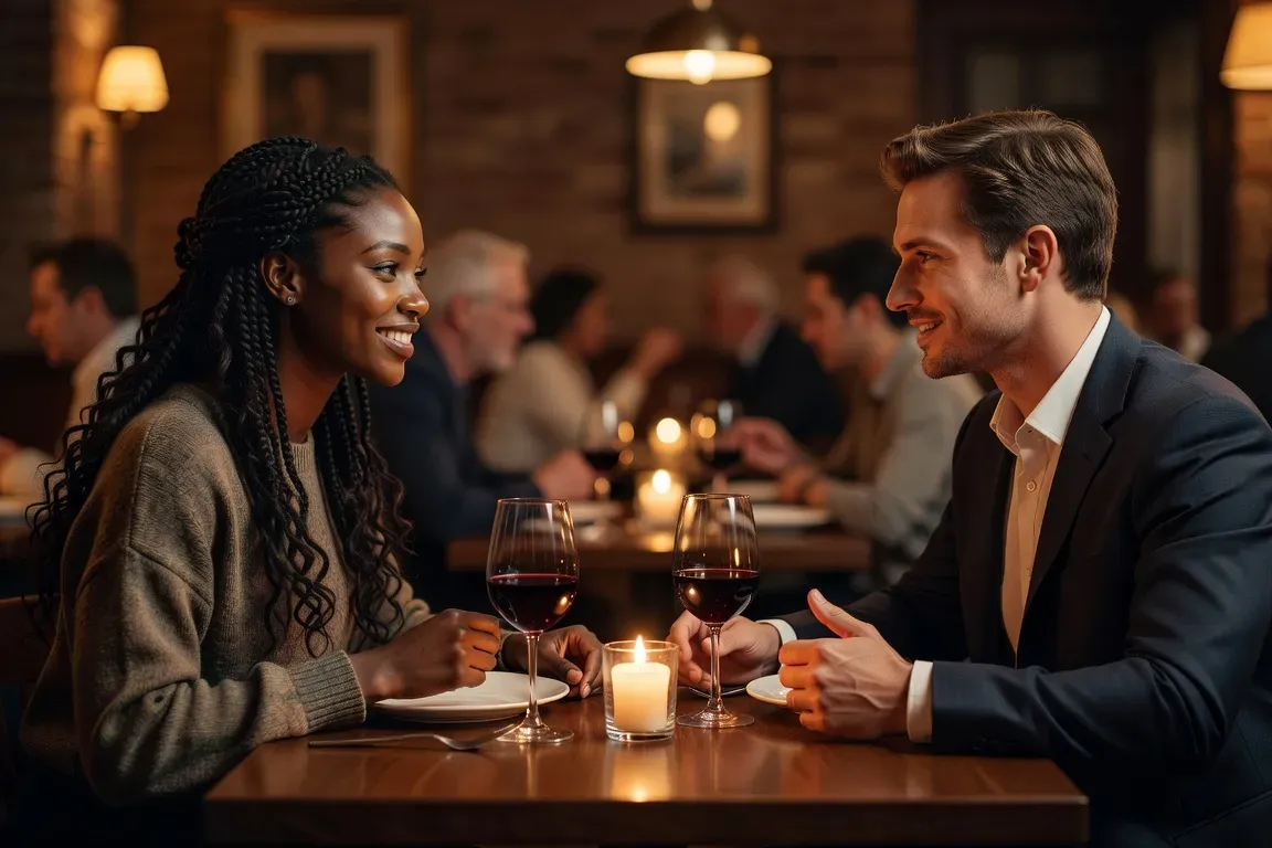 Homme européen discutant respectueusement avec une femme africaine lors d'un premier rendez-vous