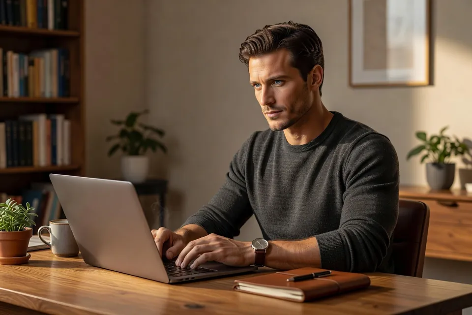 Homme européen rédigeant un message sincère sur un site de rencontre