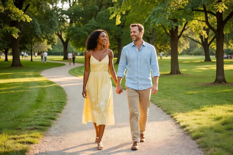 Couple mixte franco-africain se promenant main dans la main dans un parc