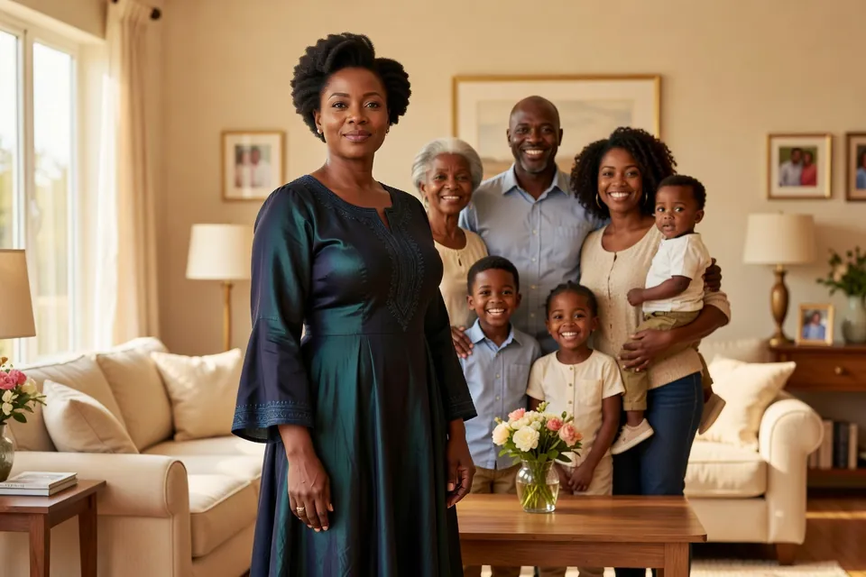 Femme africaine en tenue élégante entourée de sa famille souriante