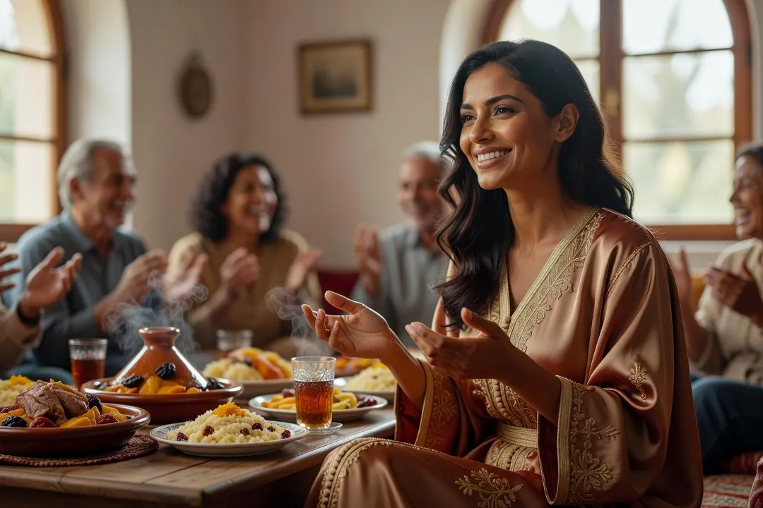 Femme adulte élégante d'origine algérienne en conversation chaleureuse avec sa famille lors d'un repas traditionnel