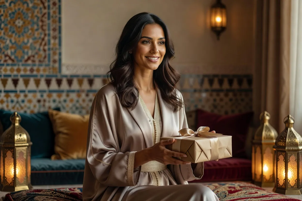 Femme adulte élégante d'origine algérienne recevant un présent avec un sourire chaleureux dans un intérieur soigné
