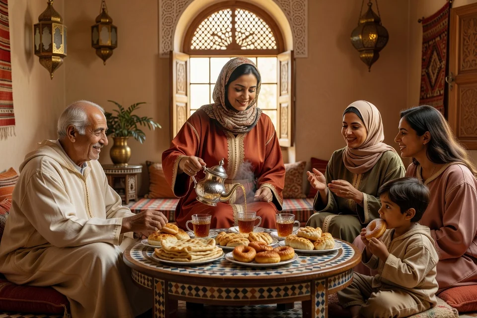 Femme adulte élégante d'origine marocaine partageant un moment chaleureux avec sa famille autour d'un thé traditionnel