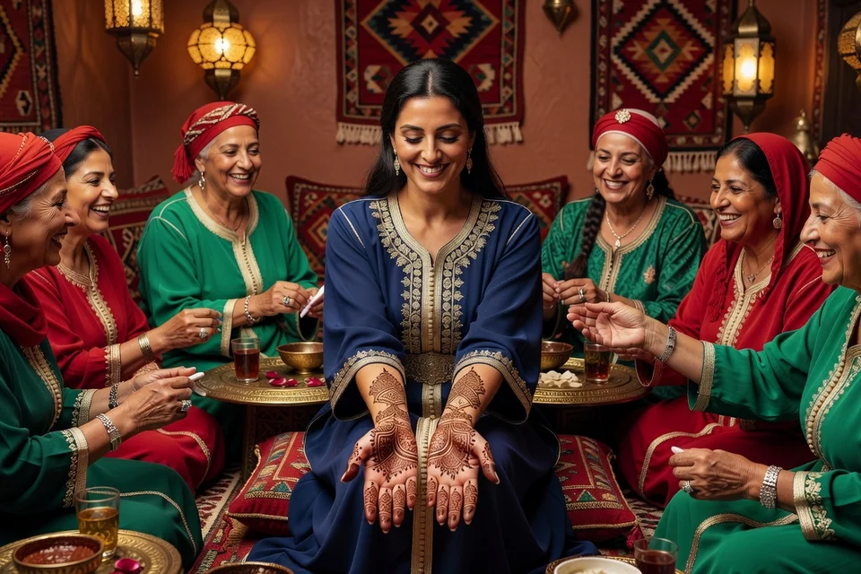 Femme adulte élégante d'origine marocaine lors d'une cérémonie du henné traditionnelle