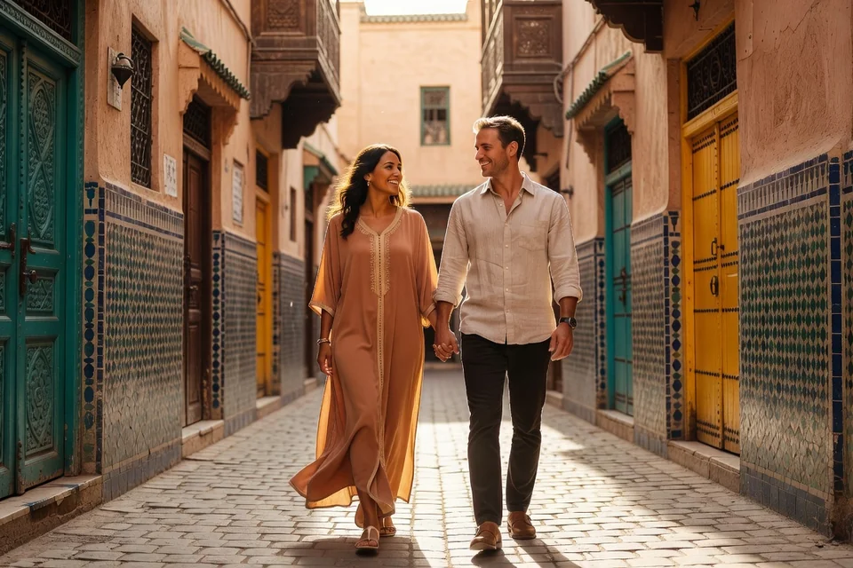 Couple franco-marocain se promenant main dans la main dans une médina marocaine ensoleillée