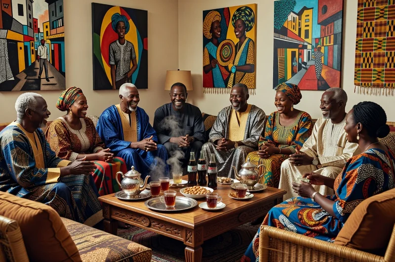 Réunion de famille sénégalaise lors des préparatifs de fiançailles, thé à la menthe et colas présentés dans un salon décoré
