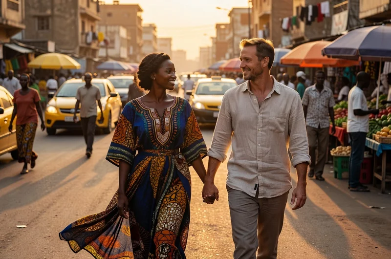 Couple mixte franco-sénégalais complice marchant main dans la main dans une rue de Dakar au coucher du soleil