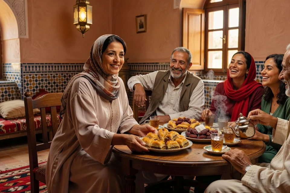 Femme adulte élégante d'origine tunisienne partageant des pâtisseries traditionnelles avec sa famille