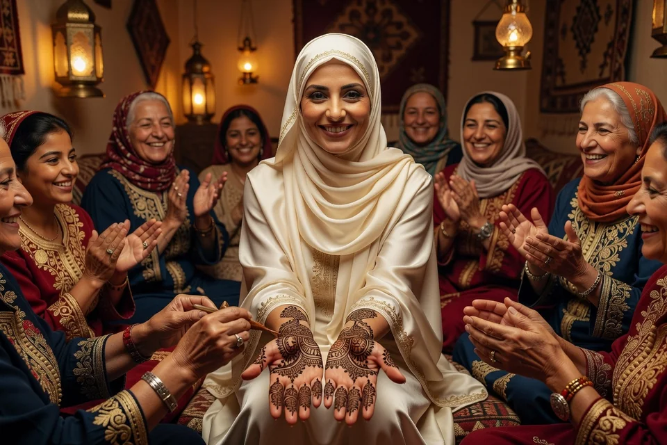 Femme adulte élégante d'origine tunisienne lors d'une préparation au henné traditionnel