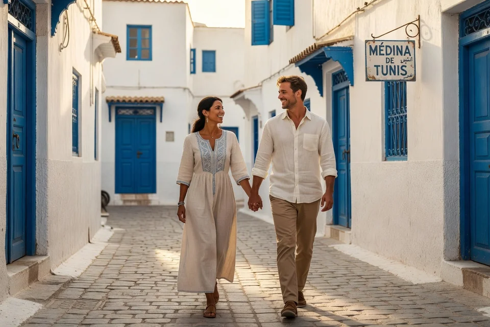 Couple franco-tunisien se promenant dans la médina de Tunis