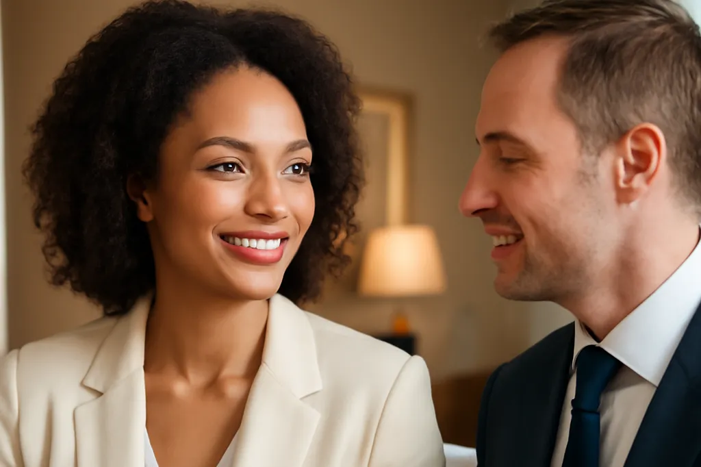 Femme adulte élégante en discussion posée avec son partenaire avant une présentation aux familles