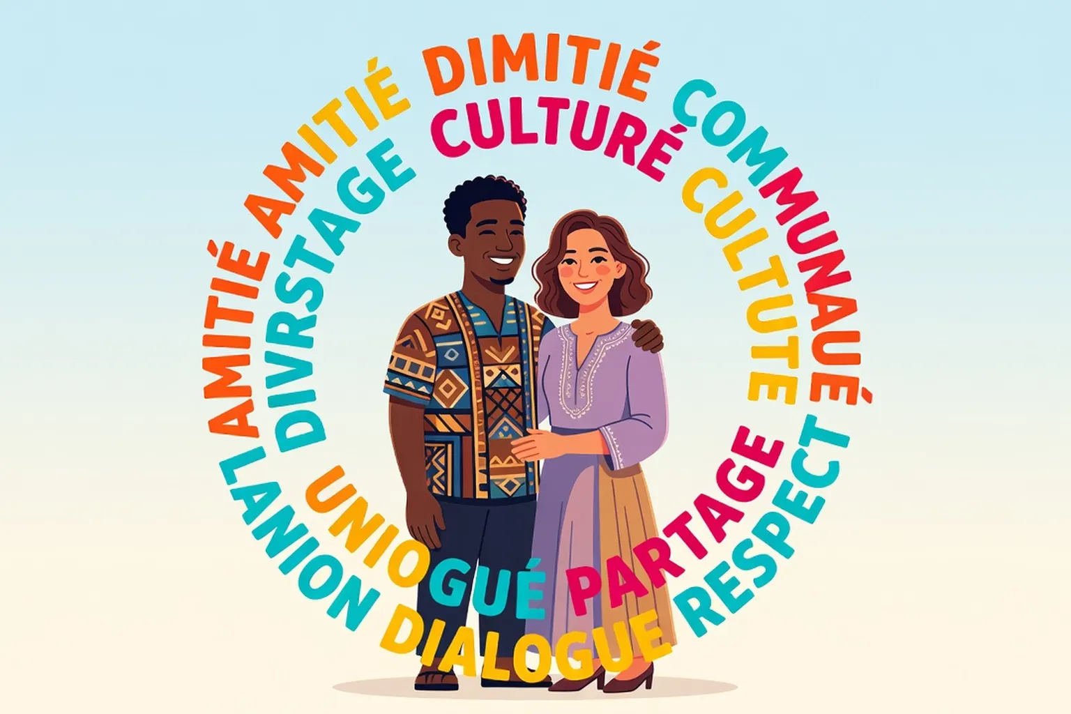 Illustration d'un couple franco-africain avec des mots de vocabulaire interculturel autour, style éducatif moderne