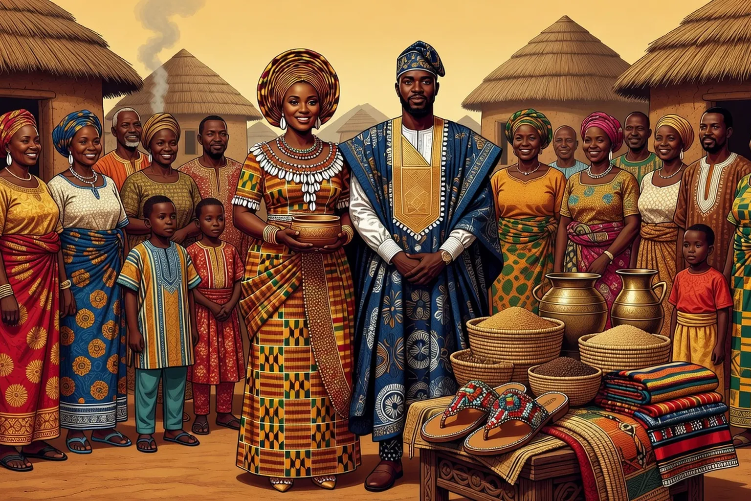 Scène de mariage africain traditionnel stylisé avec dot et famille réunie, illustration culturelle respectueuse