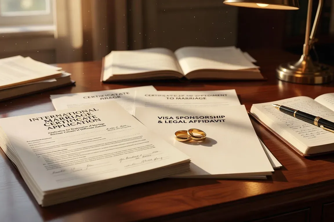 Documents administratifs du mariage franco-africain empilés sur un bureau