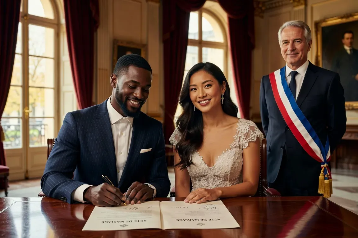 Couple franco-africain en mairie lors de la célébration de leur mariage civil