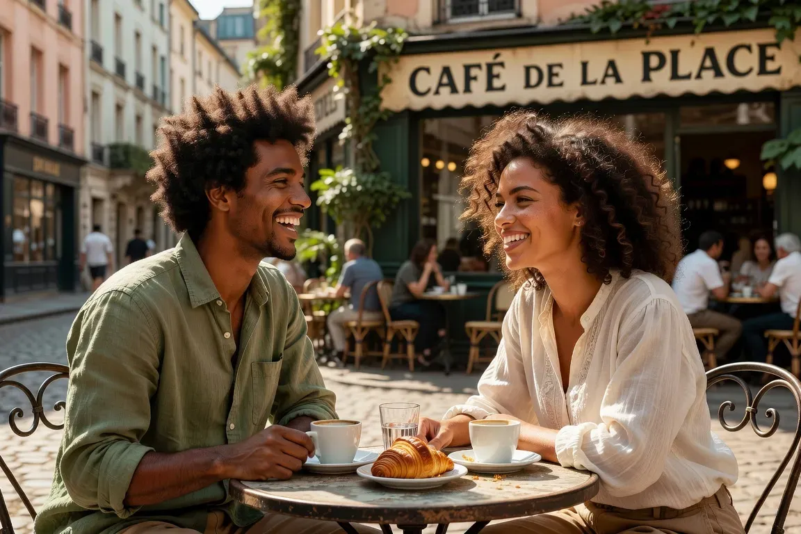 Couple afro-européen heureux, résultat d'une rencontre en ligne