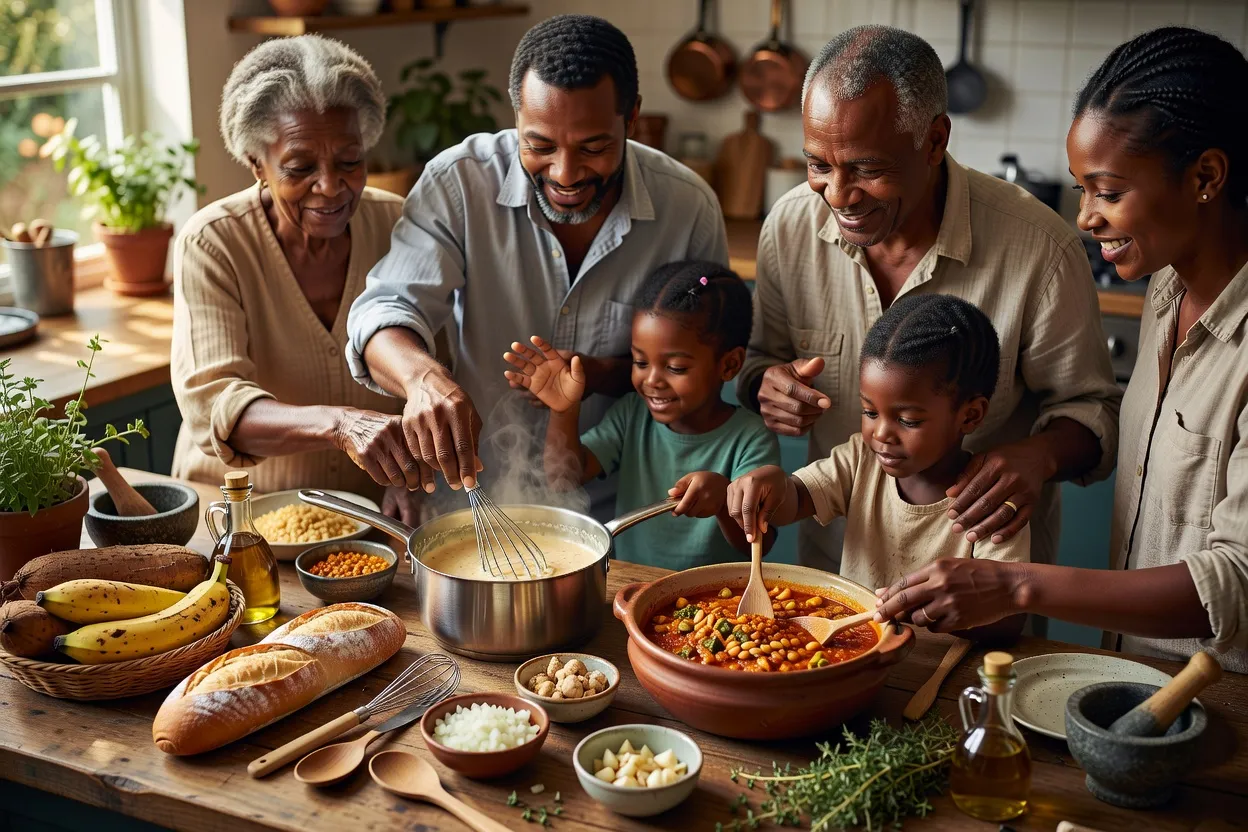 Préparation d'un repas familial inclusif avec des éléments de table partagés