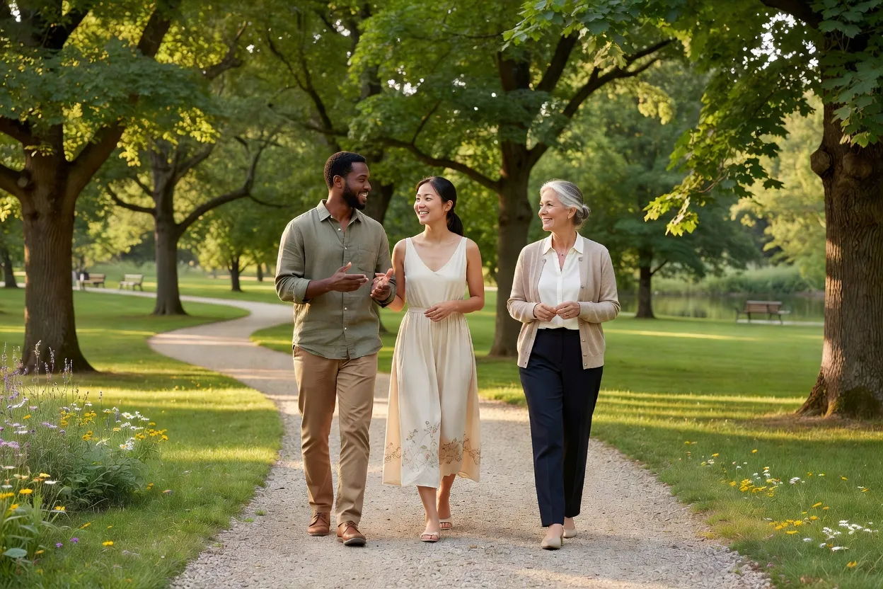 Discussion détendue lors d'une première rencontre en extérieur avec un couple mixte