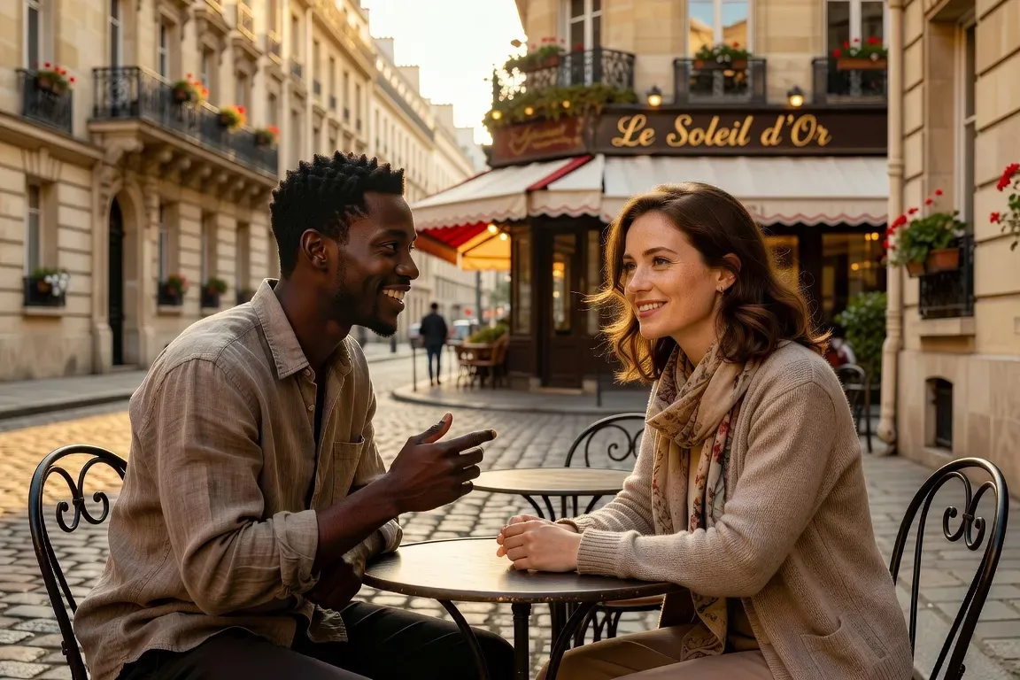 Couple franco-africain lors d'une discussion interculturelle