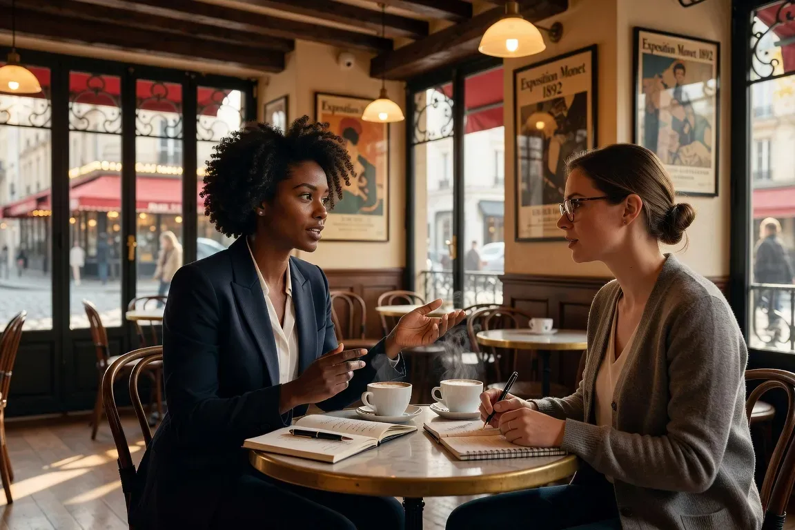 Sarah interviewant Claire Mbaye dans un café parisien
