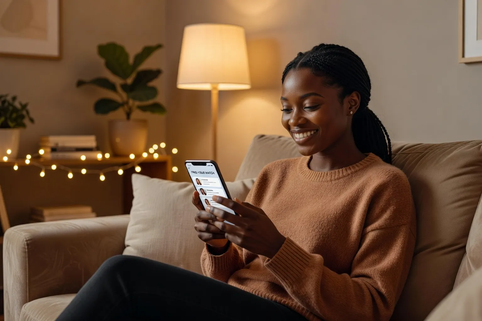Femme africaine souriante utilisant son smartphone pour chercher un partenaire en ligne