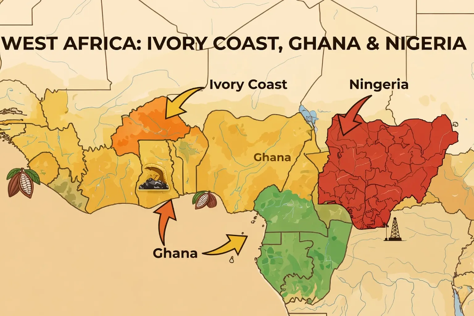 Carte illustrée colorée d'Afrique de l'Ouest avec focus sur Côte d'Ivoire, Ghana et Nigeria
