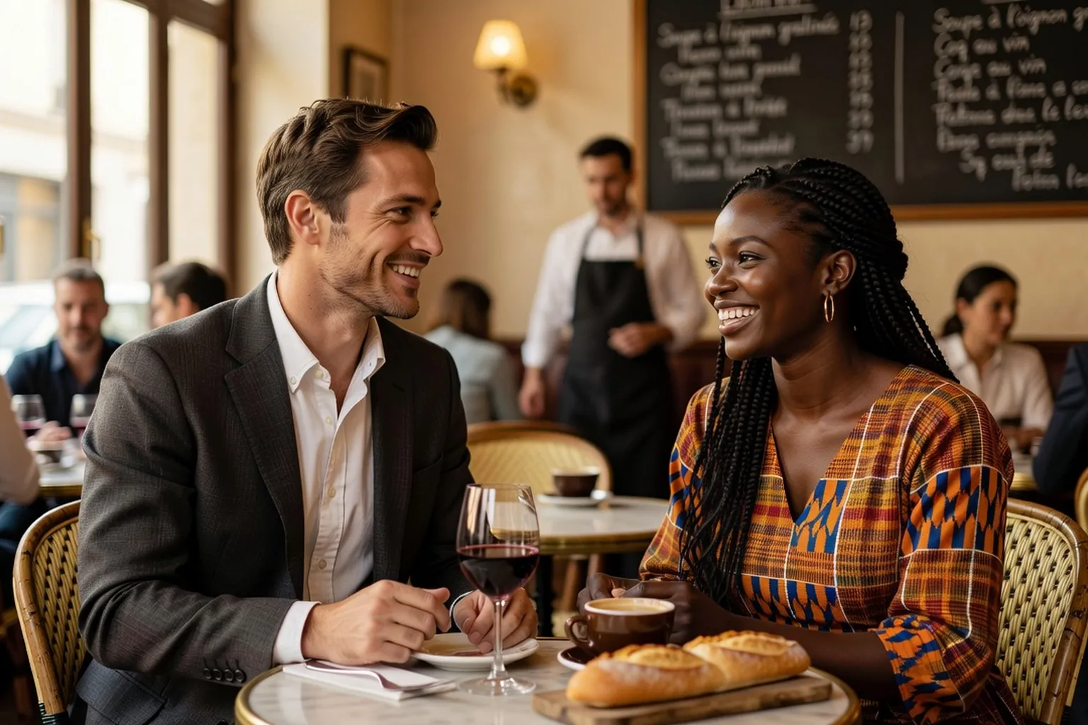 Scène de rencontre chaleureuse entre un homme européen et une femme africaine dans un café parisien