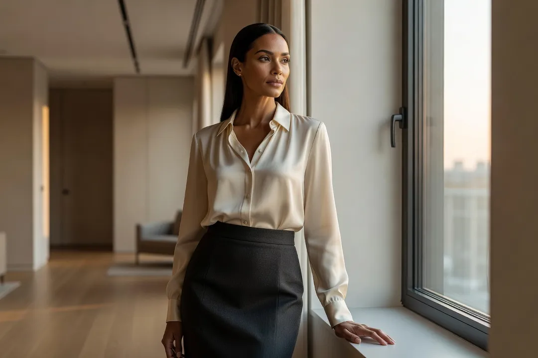 Femme adulte élégante regardant par une fenêtre, expression pensive, lumière de fin d'après-midi