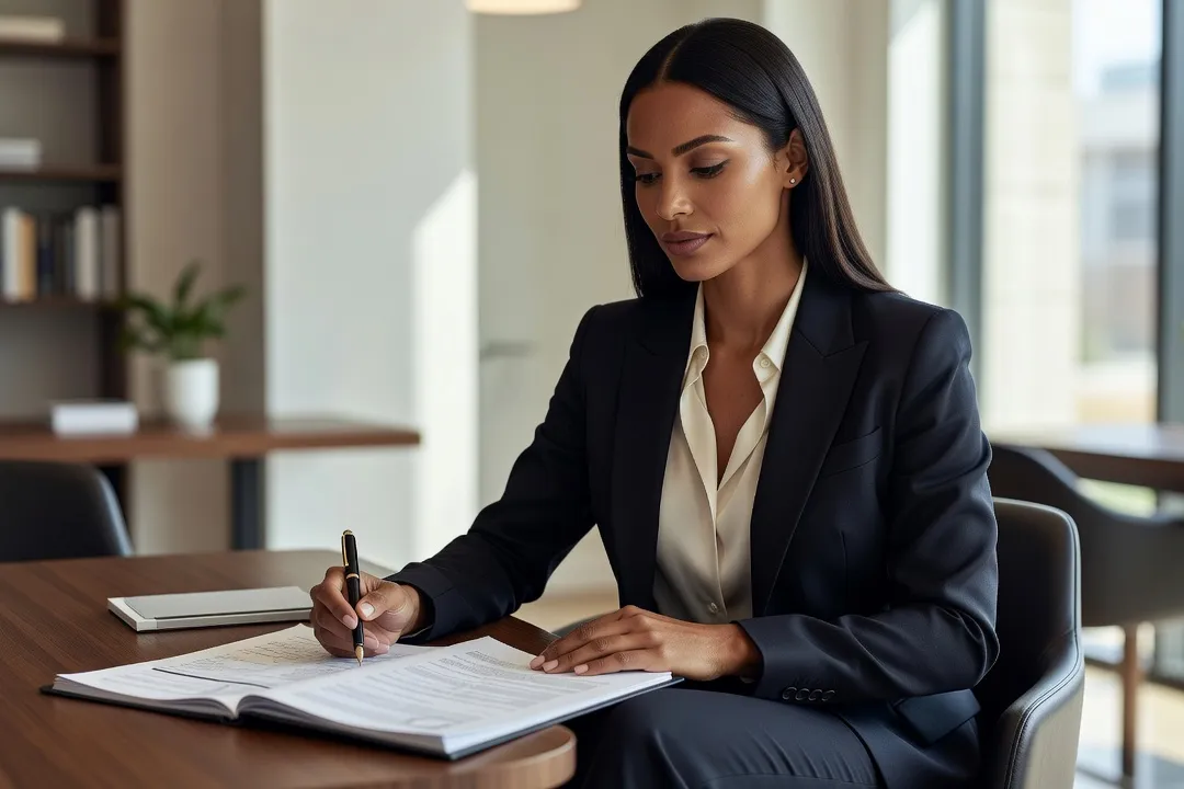 Femme adulte élégante consultant des documents administratifs à une table, dossier et stylo devant elle