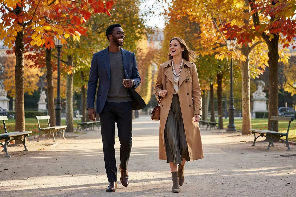 Couple franco-africain en promenade dans une ville française