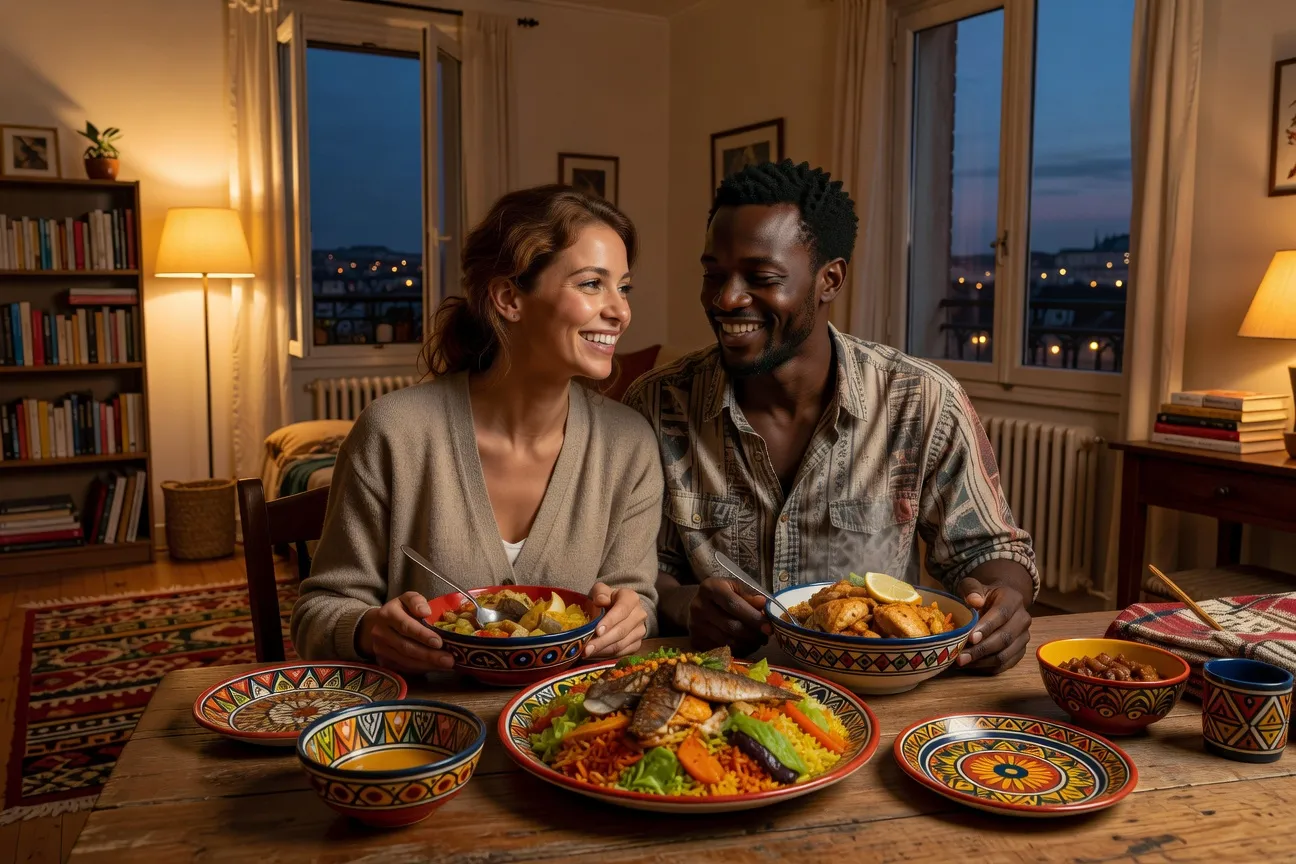 Couple franco-africain partageant un repas sénégalais à Lyon
