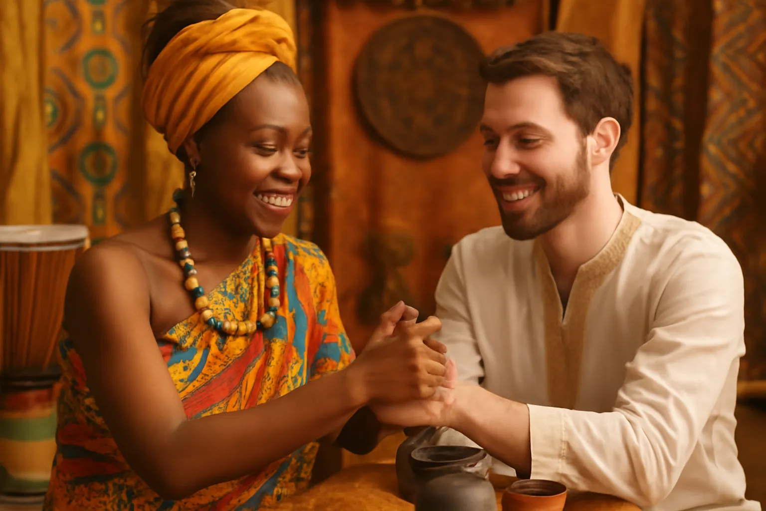 Couple mixte decouvrant et partageant leurs traditions culturelles respectives