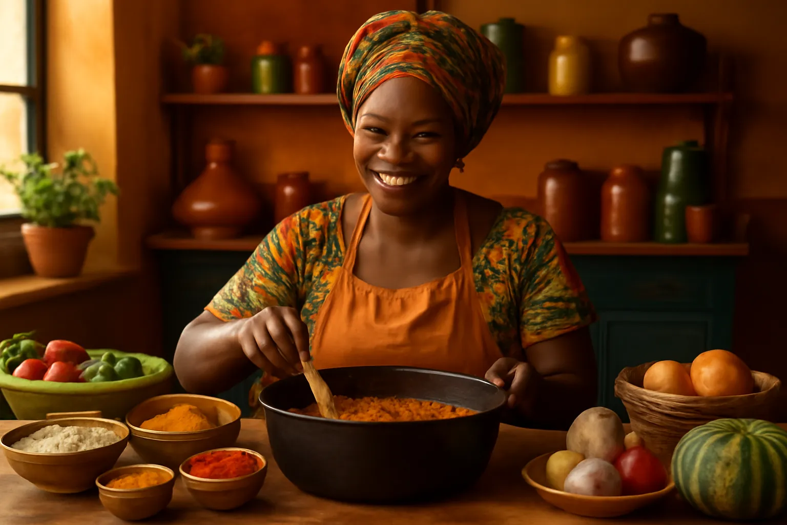 Femme africaine preparant un plat traditionnel dans une cuisine chaleureuse, symbole de la richesse culinaire du continent