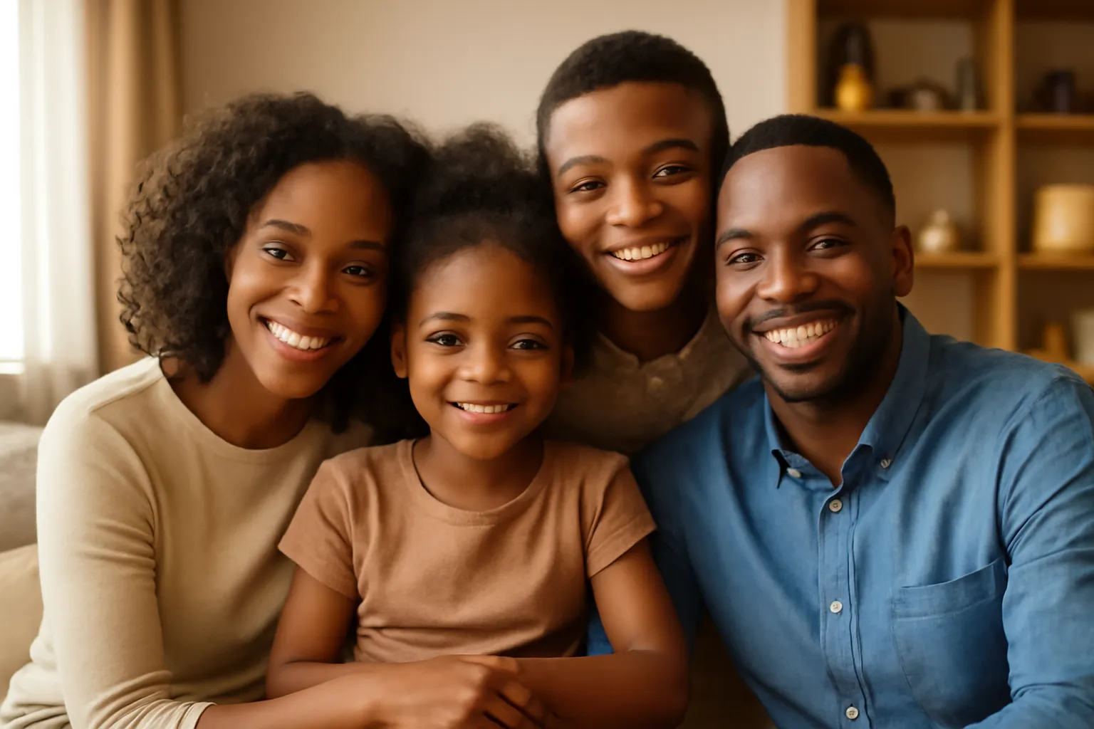Famille africaine heureuse reunite, illustrant les valeurs familiales fortes du continent