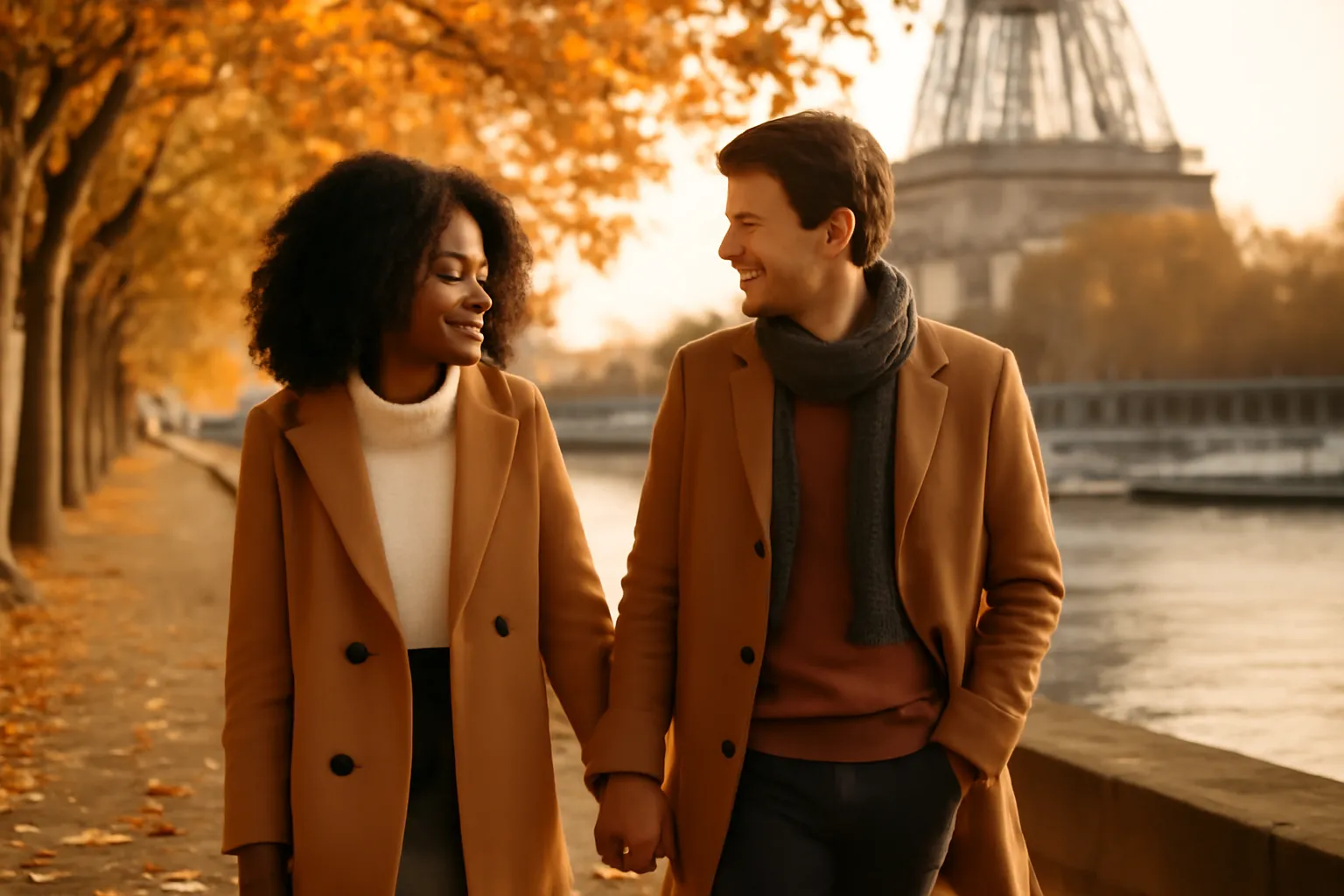 Couple franco-africain heureux se promenant dans une ville francaise