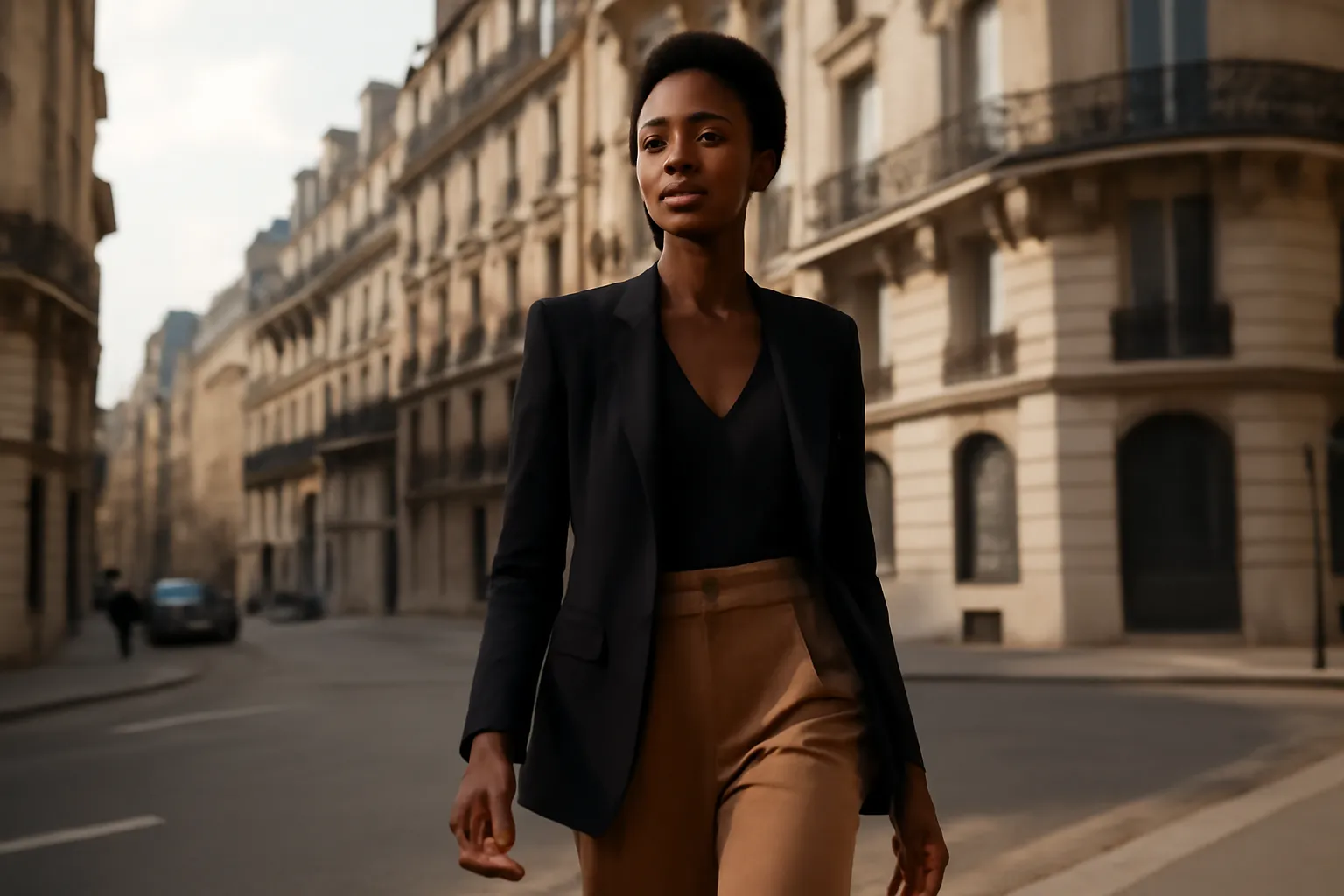 Femme africaine elegante dans une ville francaise