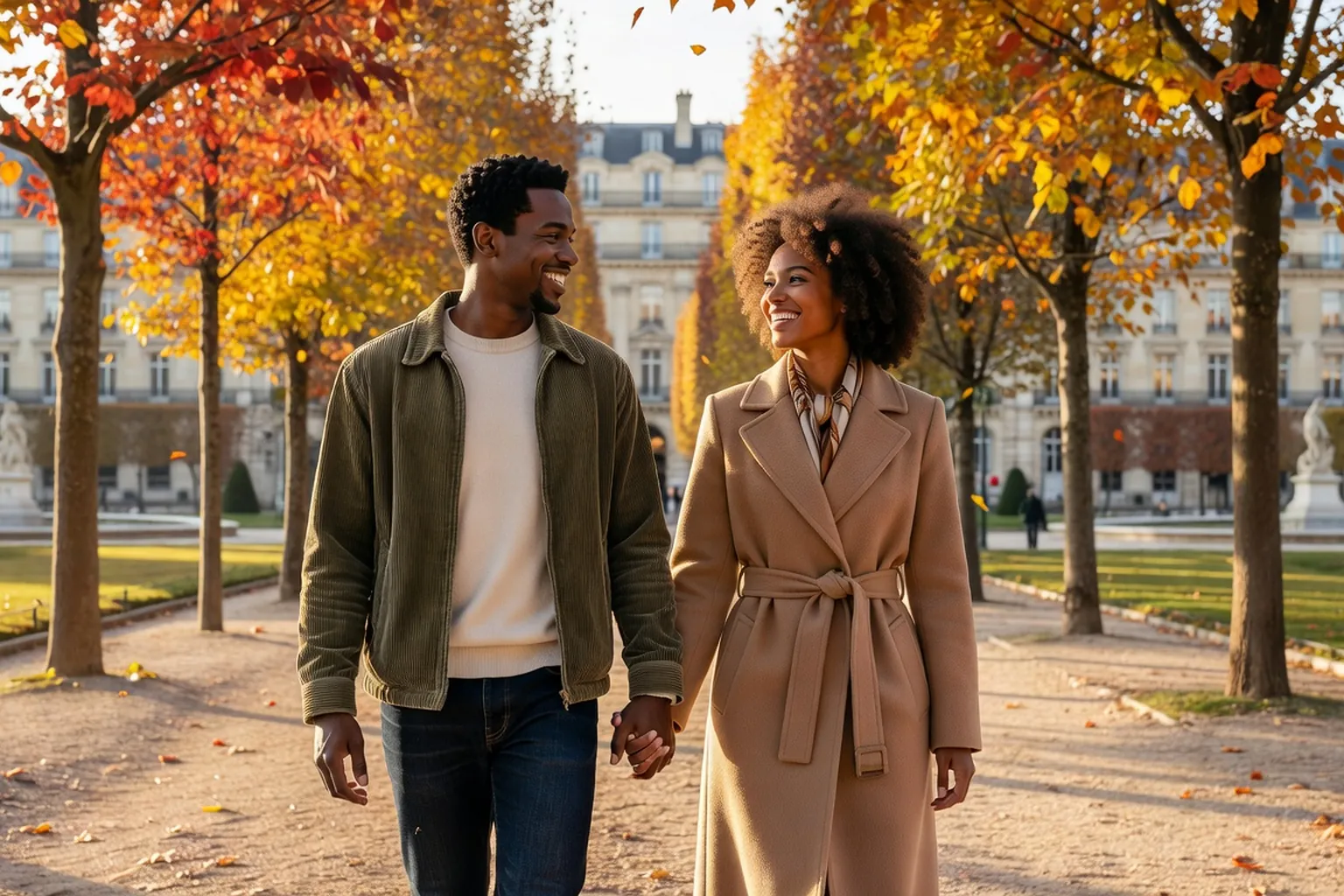 Couple mixte afro-descendant souriant, rencontre en parc parisien