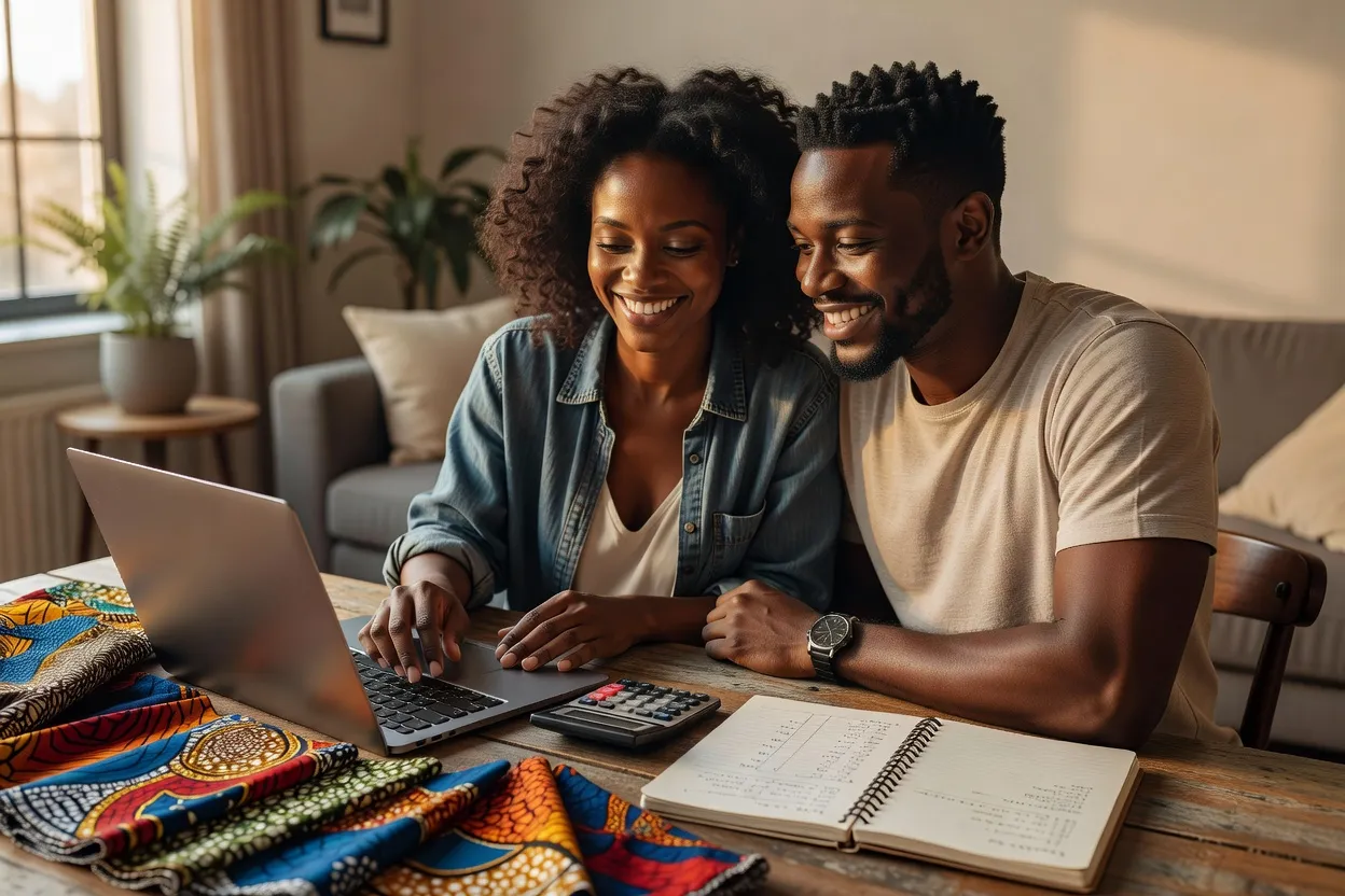 Couple franco-africain préparant le budget de son mariage, calculatrice et tissus traditionnels