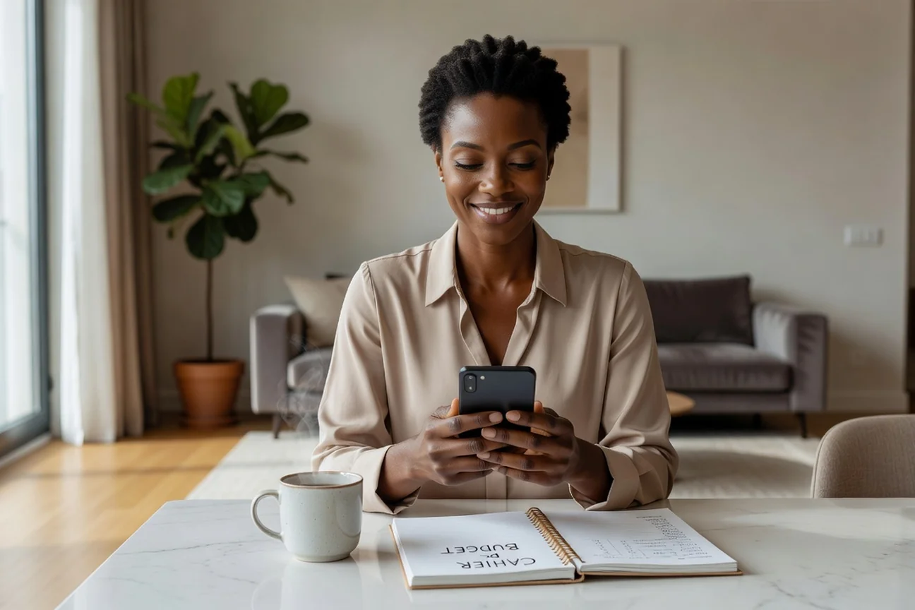 Femme adulte africaine élégante utilisant un smartphone dans un appartement moderne, tête entière visible, ambiance sereine